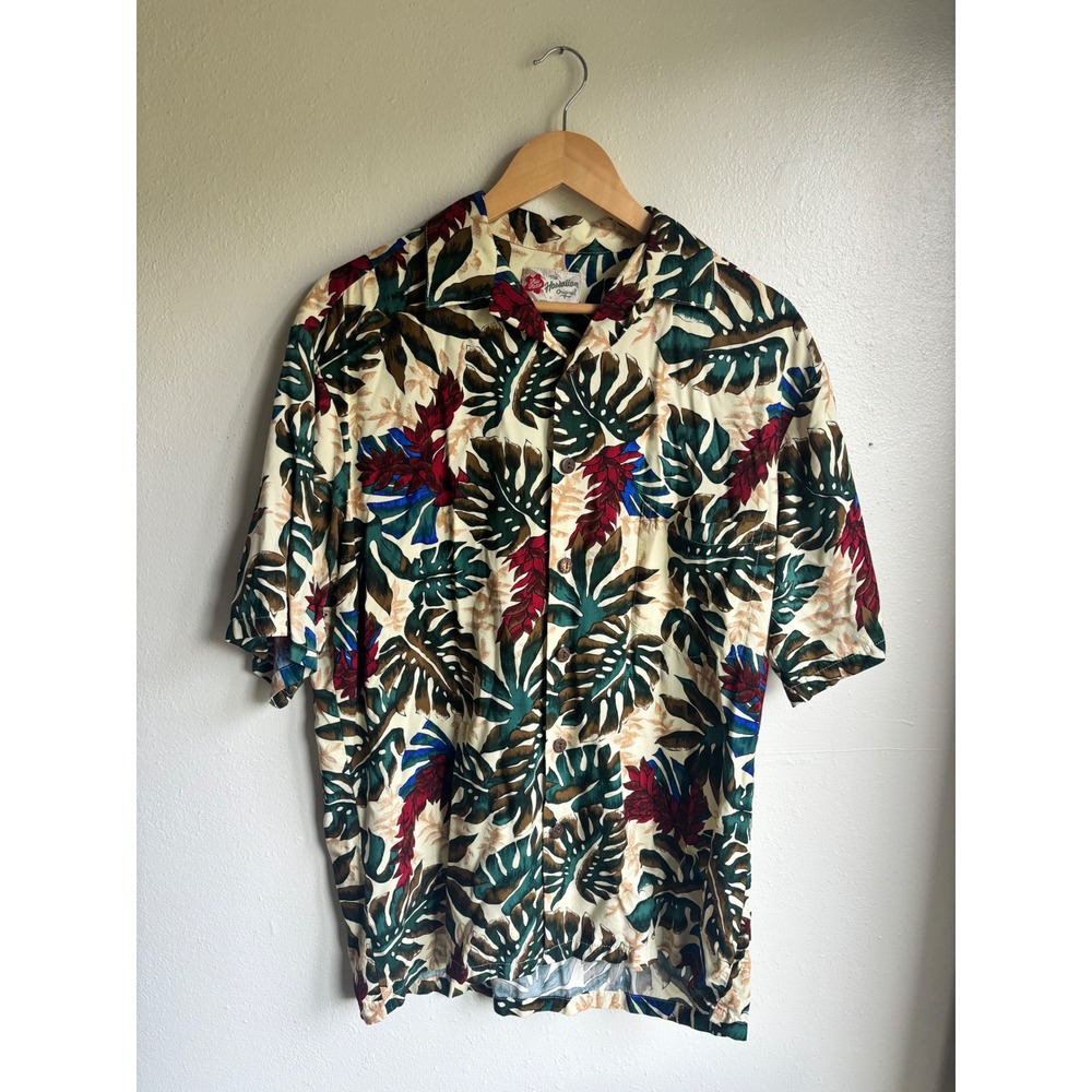 Vtg Hilo‎ Hattie Men Medium Hawaiian Shirt Tropical Monstera Ginger Made in USA